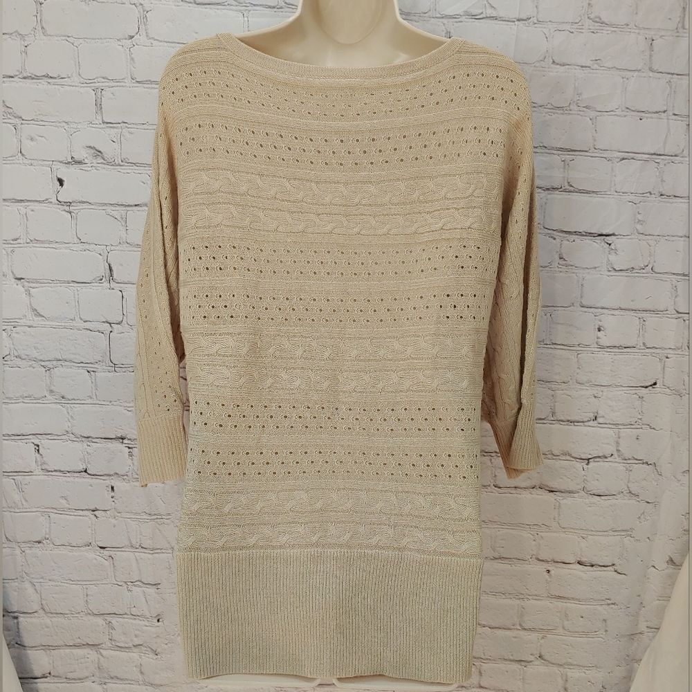 New York & Co Women's Size Medium Beige Crotcheted Eyelet Sweater - Picture 8 of 8